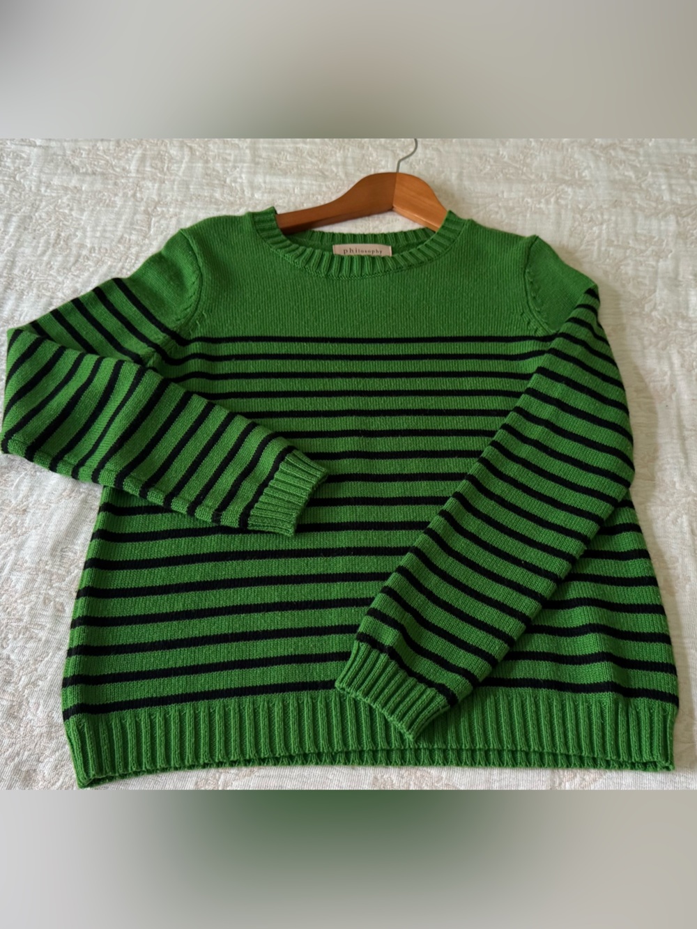 Philosophy Bright Green with Black Striped Crewneck Sweater